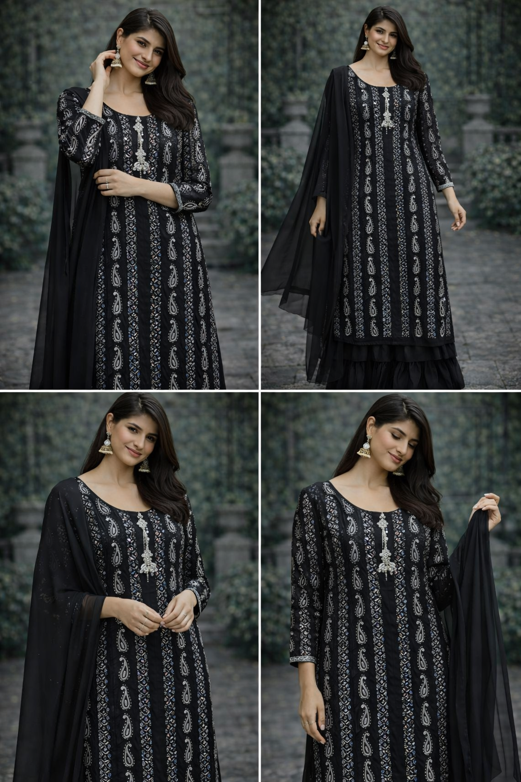 Black Gharara with Long Kameez- 3 PC - ELRR108
