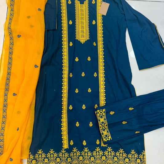 3 piece Casualwear Lawn Suits Womenswear in Blue and Yellow Color