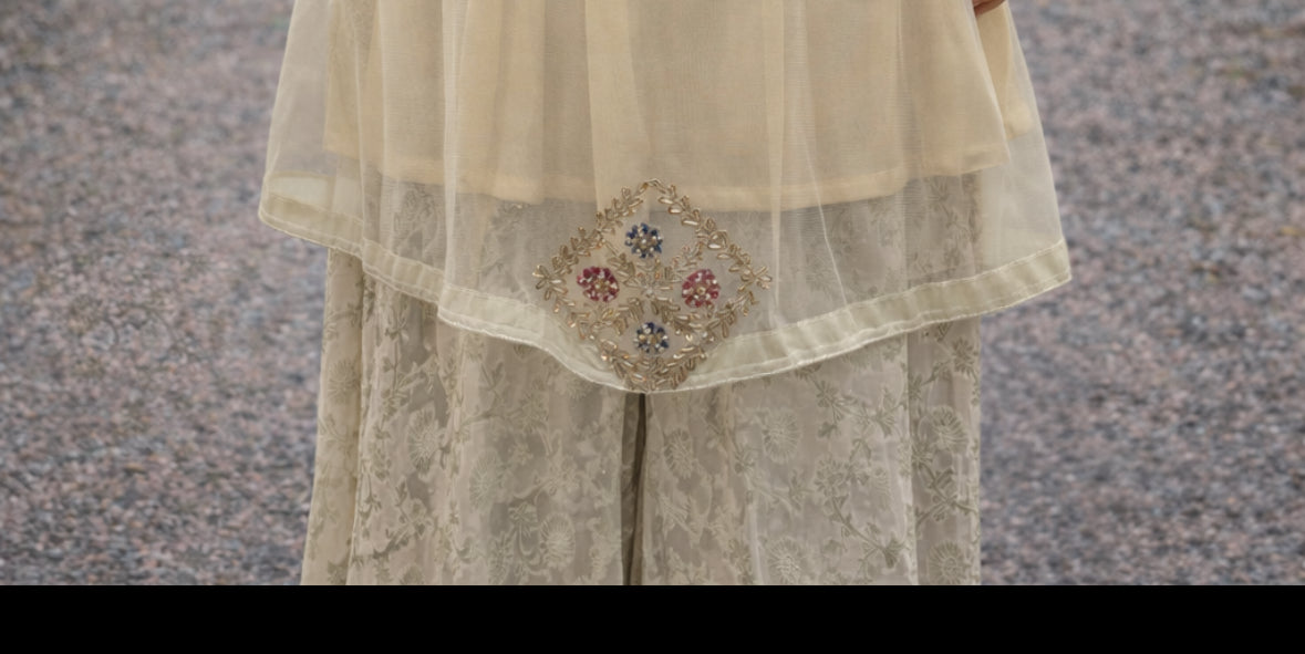 Golden Beige Aline Frock with Sharara - ELRR038