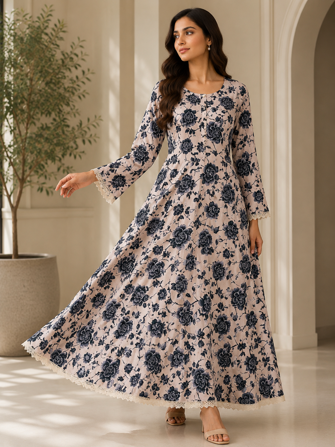 Printed long dress in cream and bottle green EL0LD1