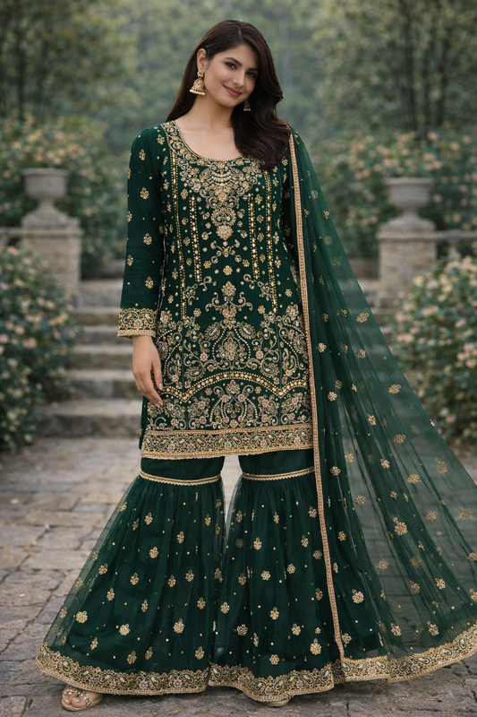 Bottle green heavy beaded Gharara (ELGGHG7)