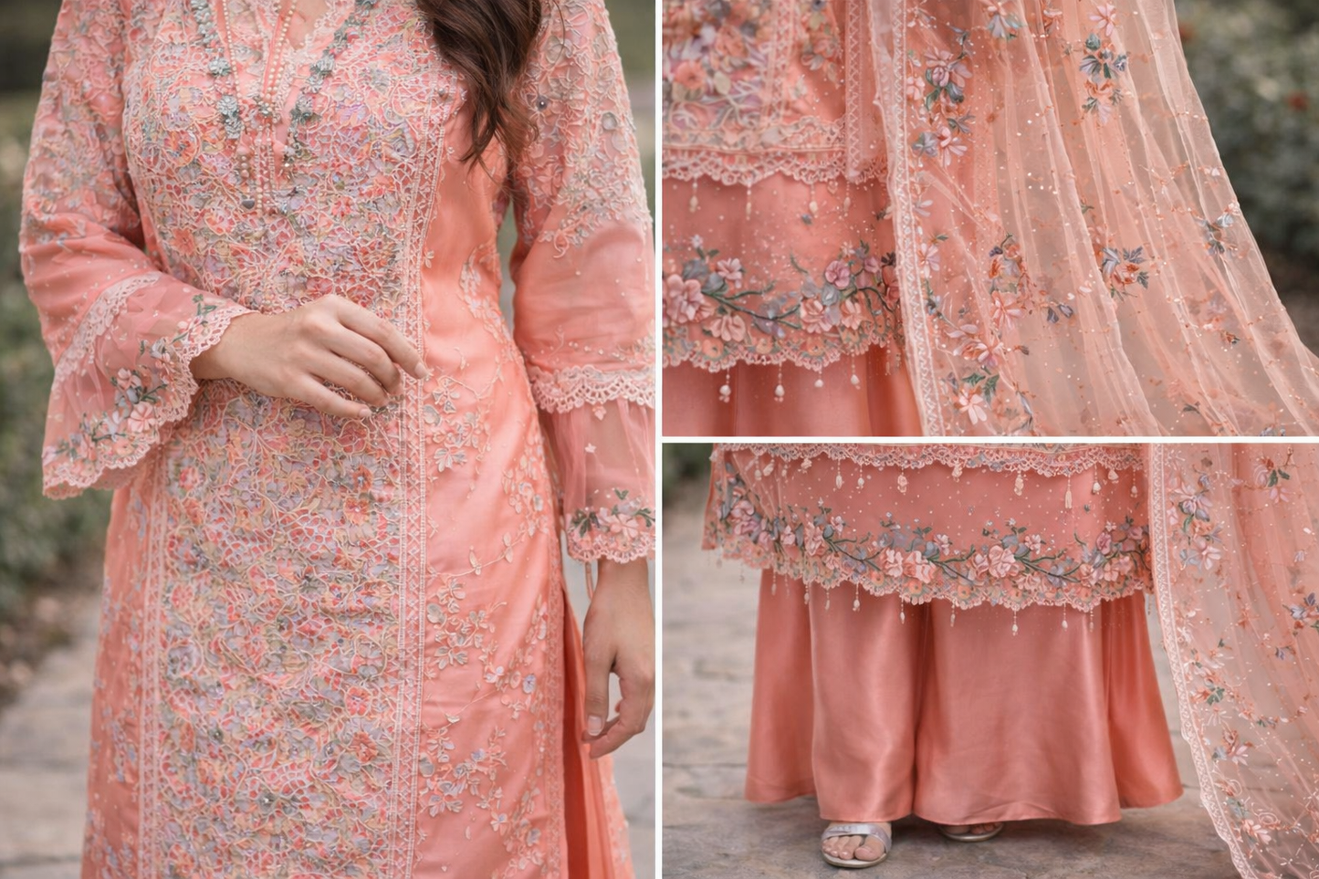 Mariam's Original Peach 3 Pc Formal Wear with Embellished Bead Work and Thread Work