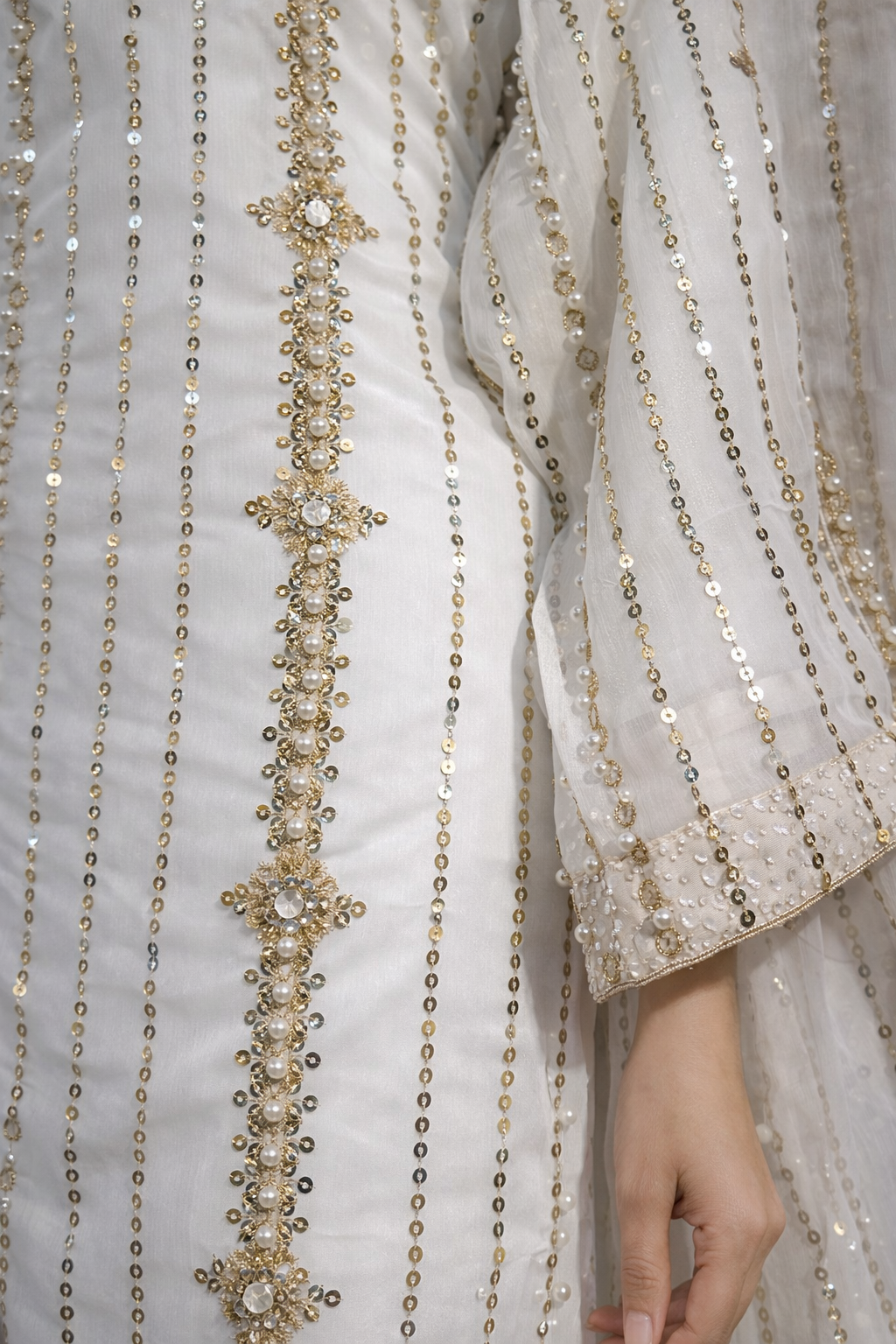 White Fully Embellished with Bead work and plazo style trousers - 3 PC - ELRR095