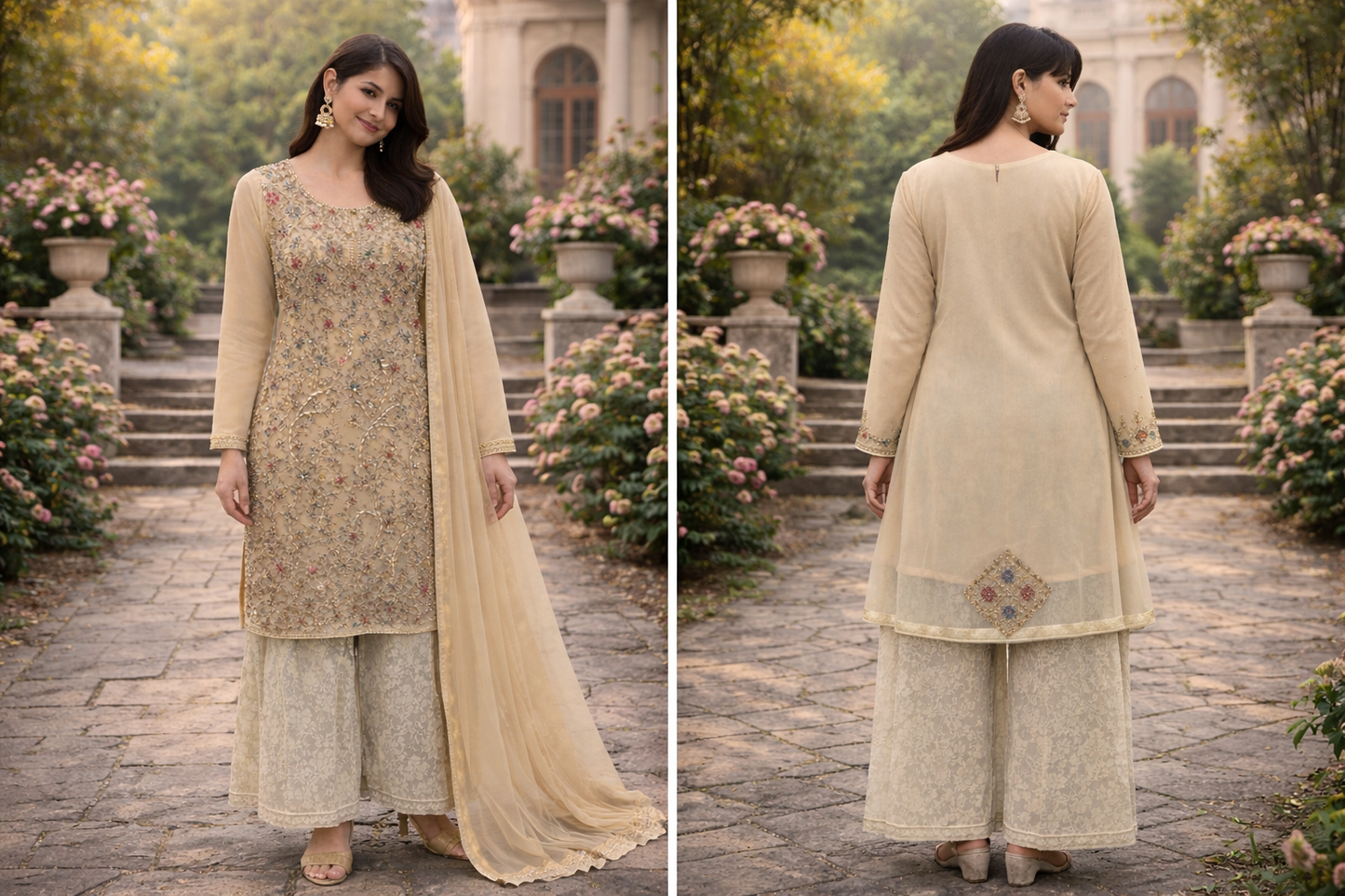 Golden Beige Aline Frock with Sharara - ELRR038