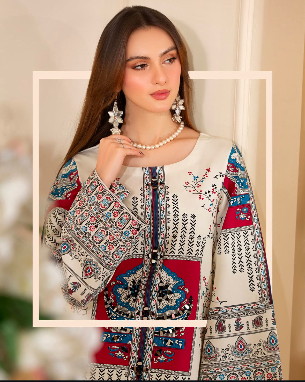 Cream 3pc outfit with print work