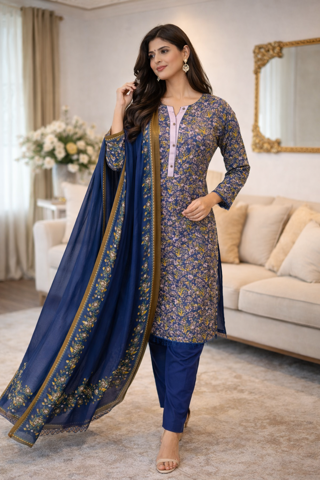 ELWC-007 Kottrai wool 3 piece printed suit with wool shawl asian clothing