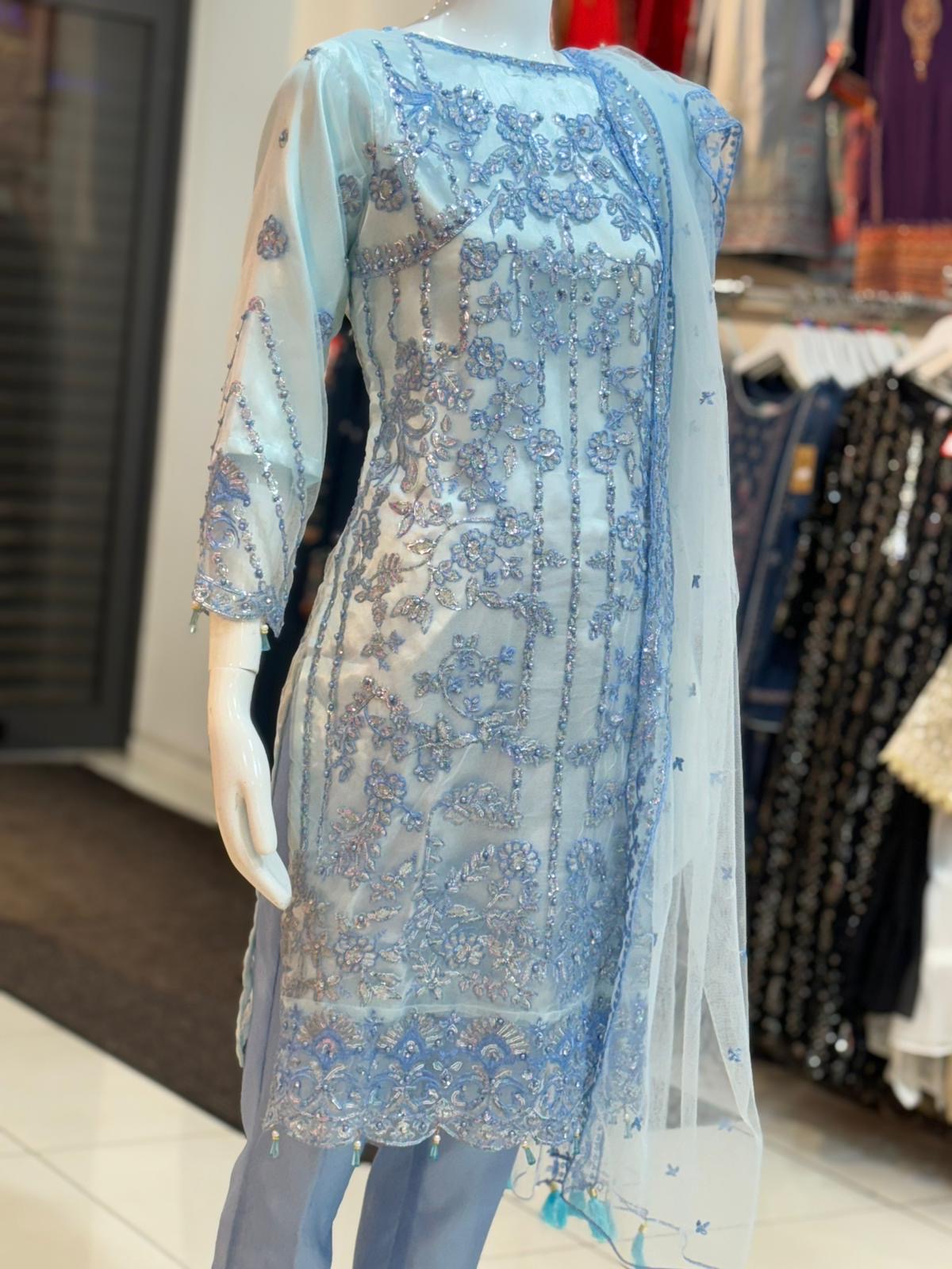 Ice Blue Beadwork 3 Pc Net Outfit - ELRR006