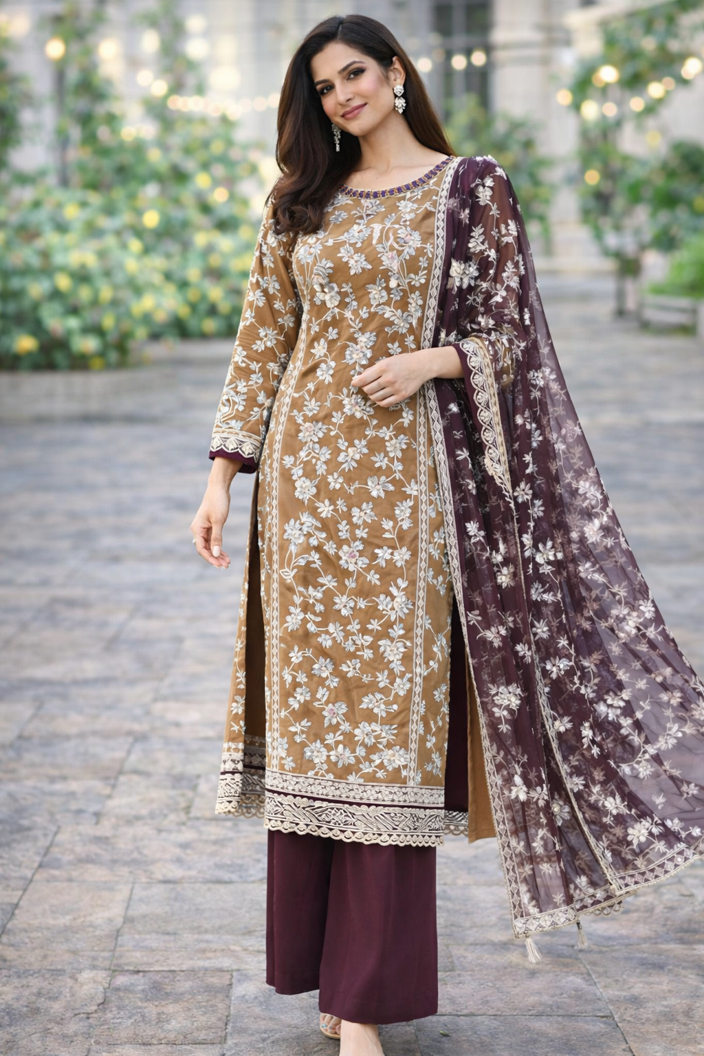 Beige and Purple 3 PC heavy Embellished Outfit