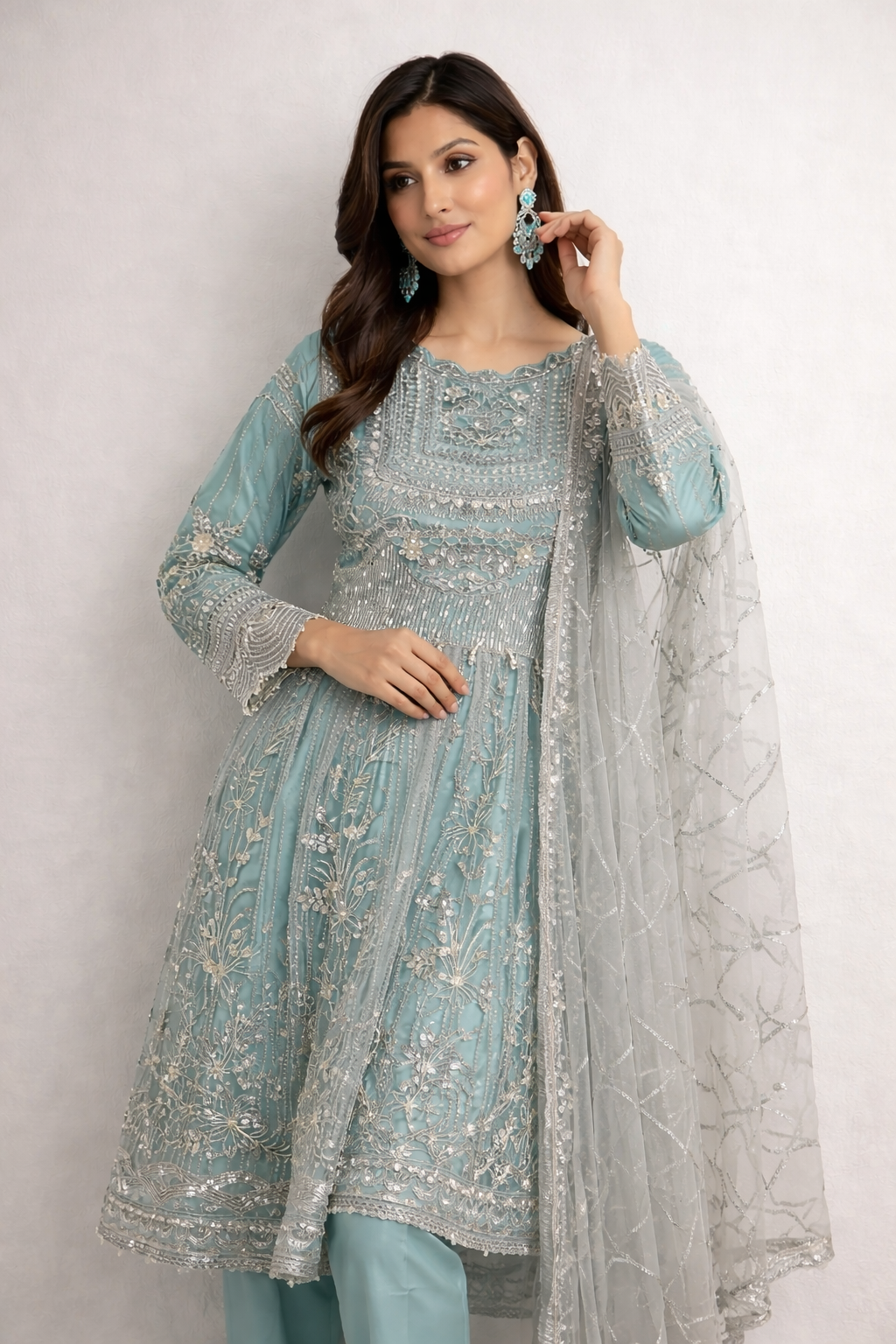 Aqua Frock Style Heavily Embellished Formal Wear