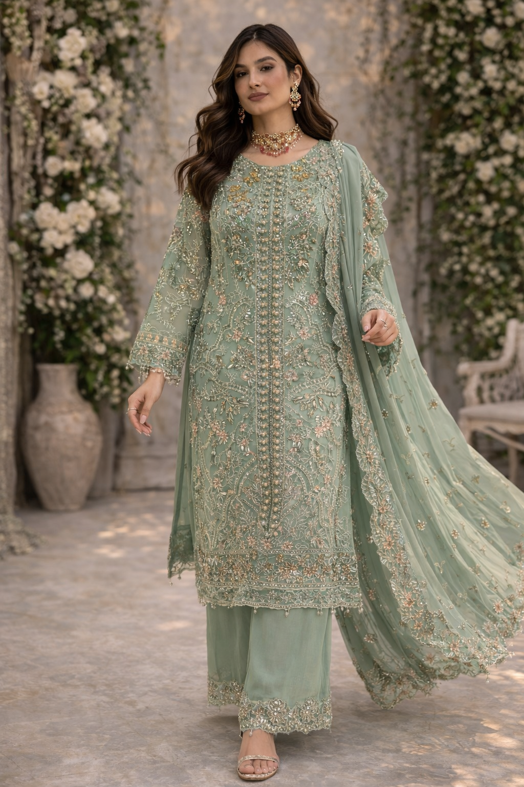 Light sage green heavy beaded outfit (EL0H9)