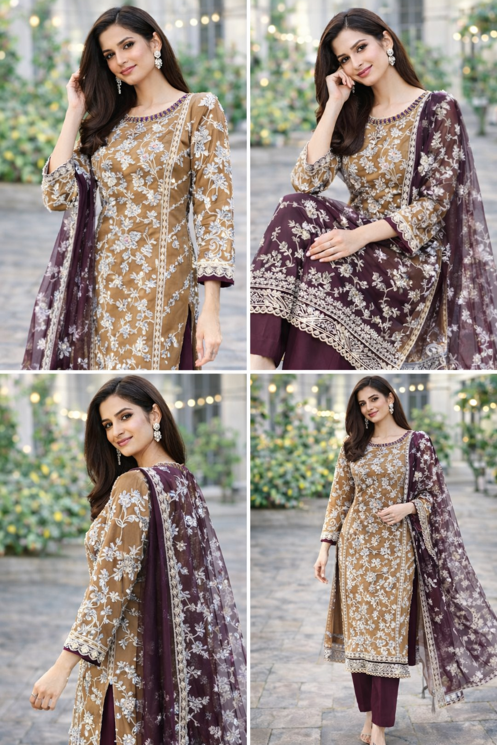 Beige and Purple 3 PC heavy Embellished Outfit