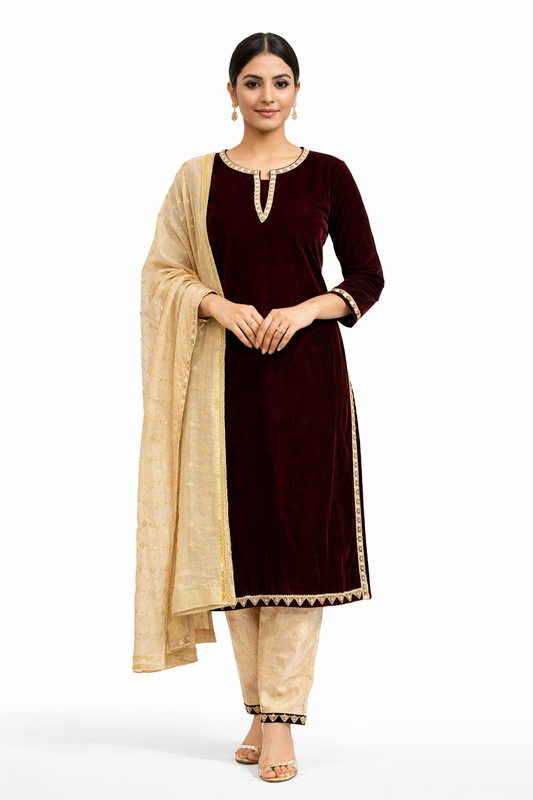 Velvet 3 piece Formal Wear in Maroon and Skin Fancy suit