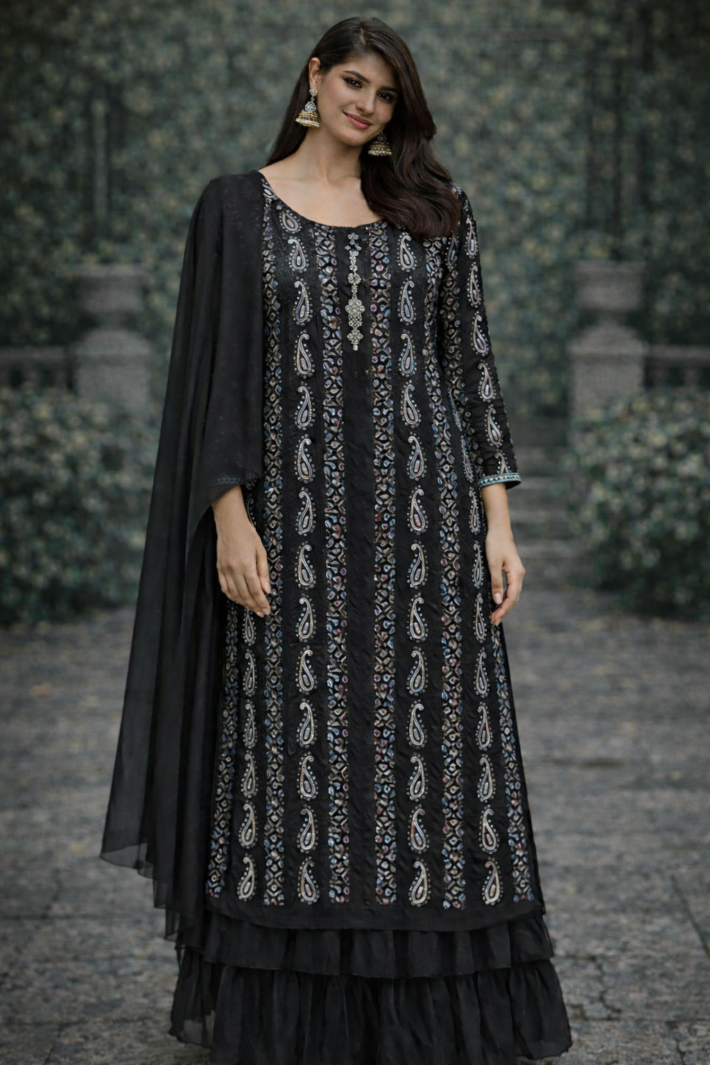 Black Gharara with Long Kameez- 3 PC - ELRR108