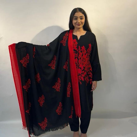 ELWC-008 Kottrai wool 3 piece printed suit with wool shawl black and red asian clothing Comfort Womenswear