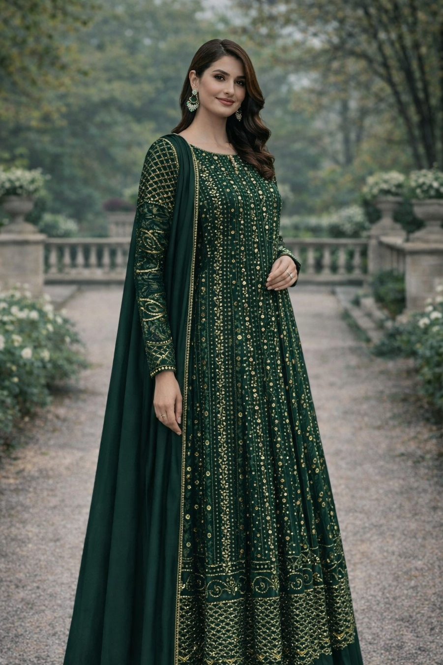 Bottle Green Maxi  Dress formal wear with Golden Work - 3 PC - ELRR097