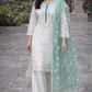 White and Aqua Embroidered 3 Pc Outfit