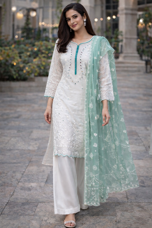White and Aqua Embroidered 3 Pc Outfit