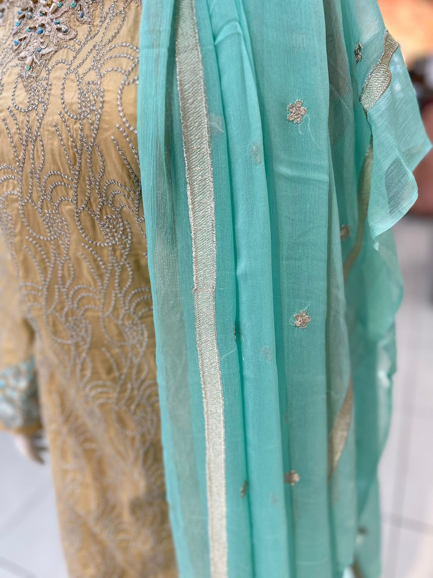 Beige and Aqua Blue Casual Wear with Chiffon Dupatta - ELRR010