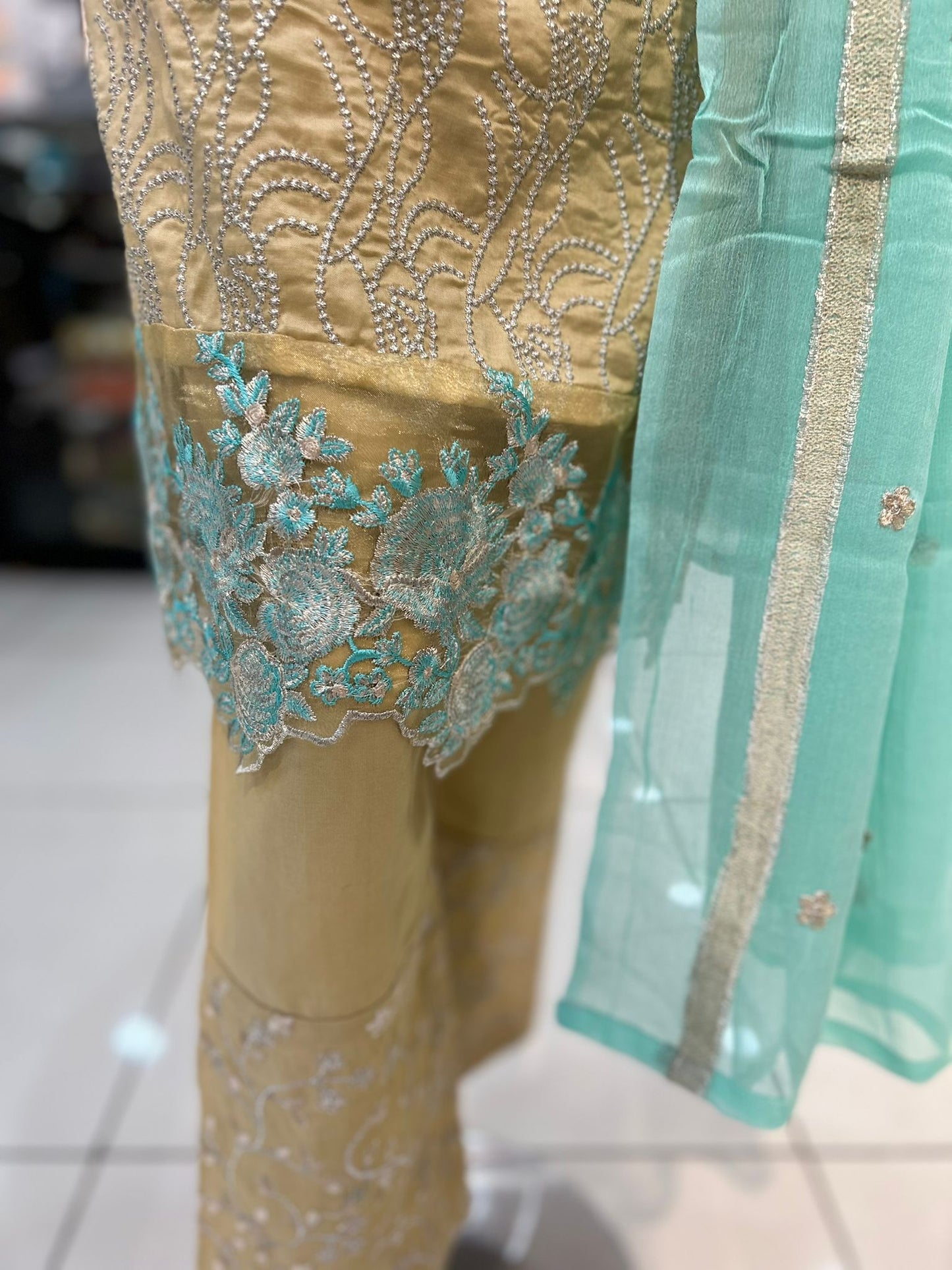 Beige and Aqua Blue Casual Wear with Chiffon Dupatta - ELRR010