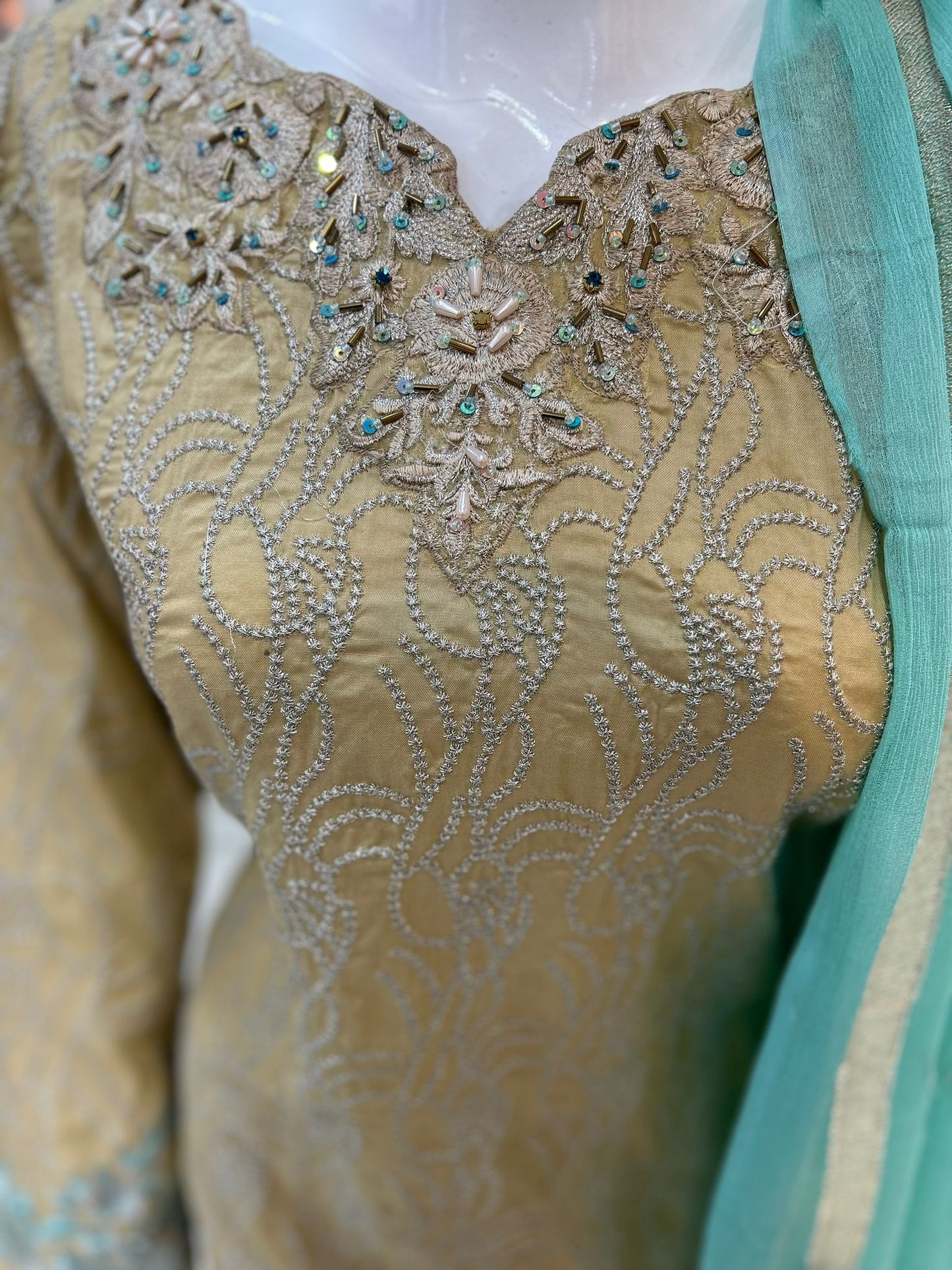 Beige and Aqua Blue Casual Wear with Chiffon Dupatta - ELRR010