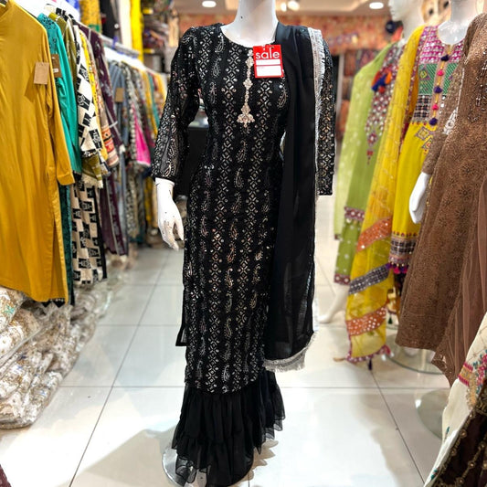 Black Gharara with Long Kameez- 3 PC - ELRR108