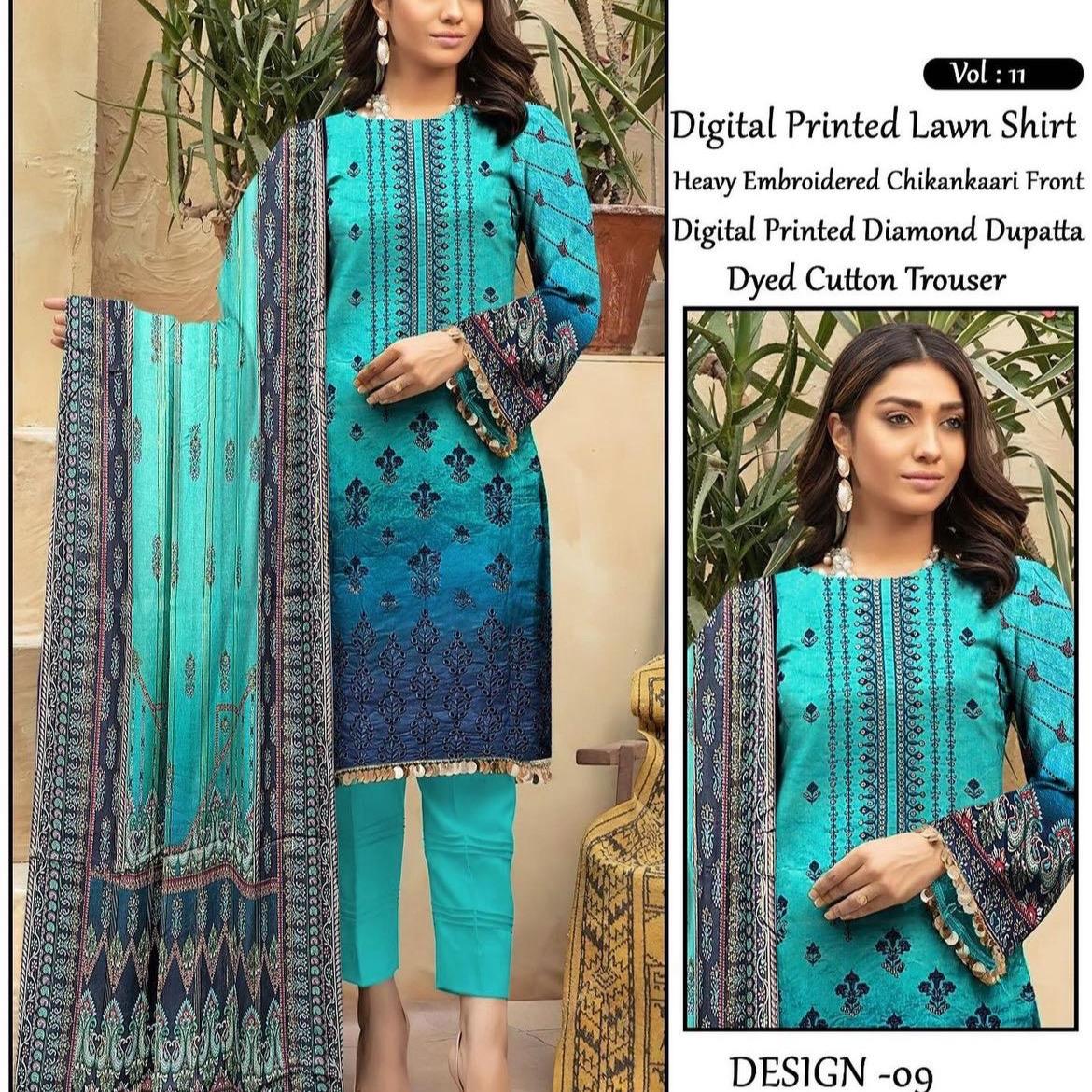 Blue Digital lawn embroidered chikankari suit EL1 vol:11 - 3 PC - ELRR099