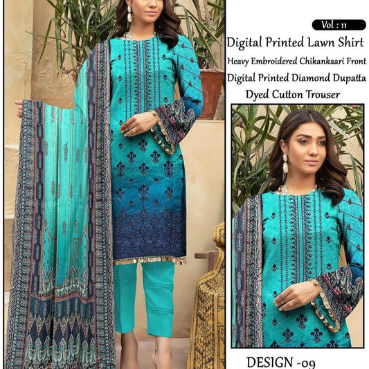 Blue Digital lawn embroidered chikankari suit EL1 vol:11 - 3 PC - ELRR099