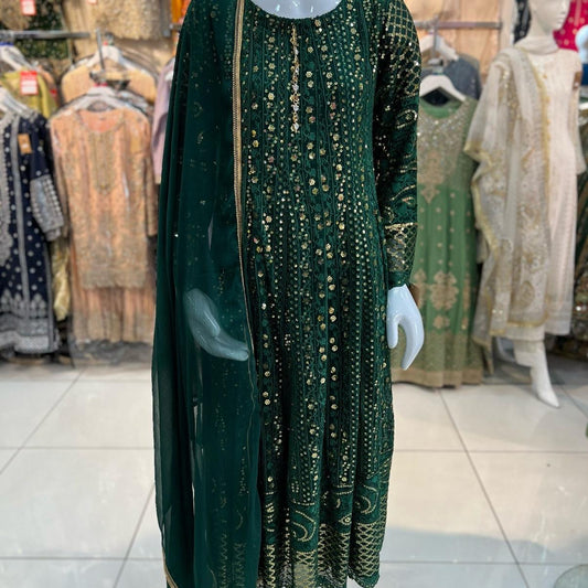 Bottle Green Maxi  Dress formal wear with Golden Work - 3 PC - ELRR097