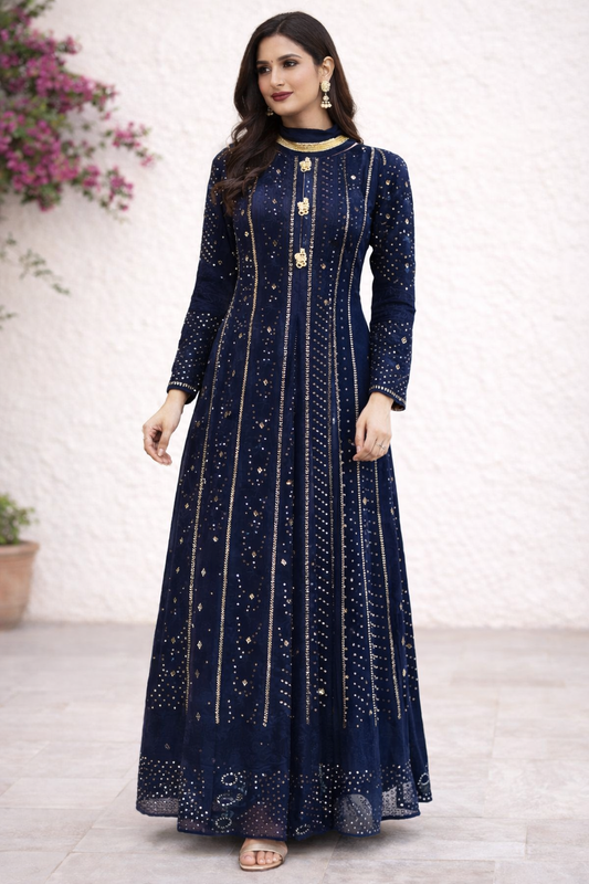 Navy Blue Maxi Formal Wear - 3 PC - ELRR067