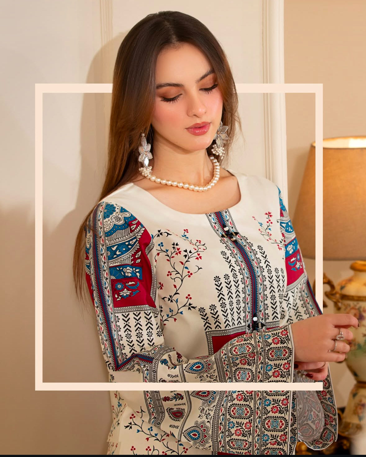 Cream 3pc outfit with print work