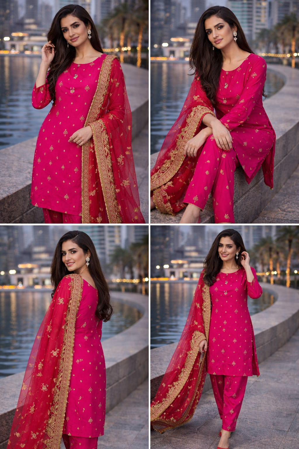 Satin Silk 3 piece Outfit in Pink with Net Dupatta
