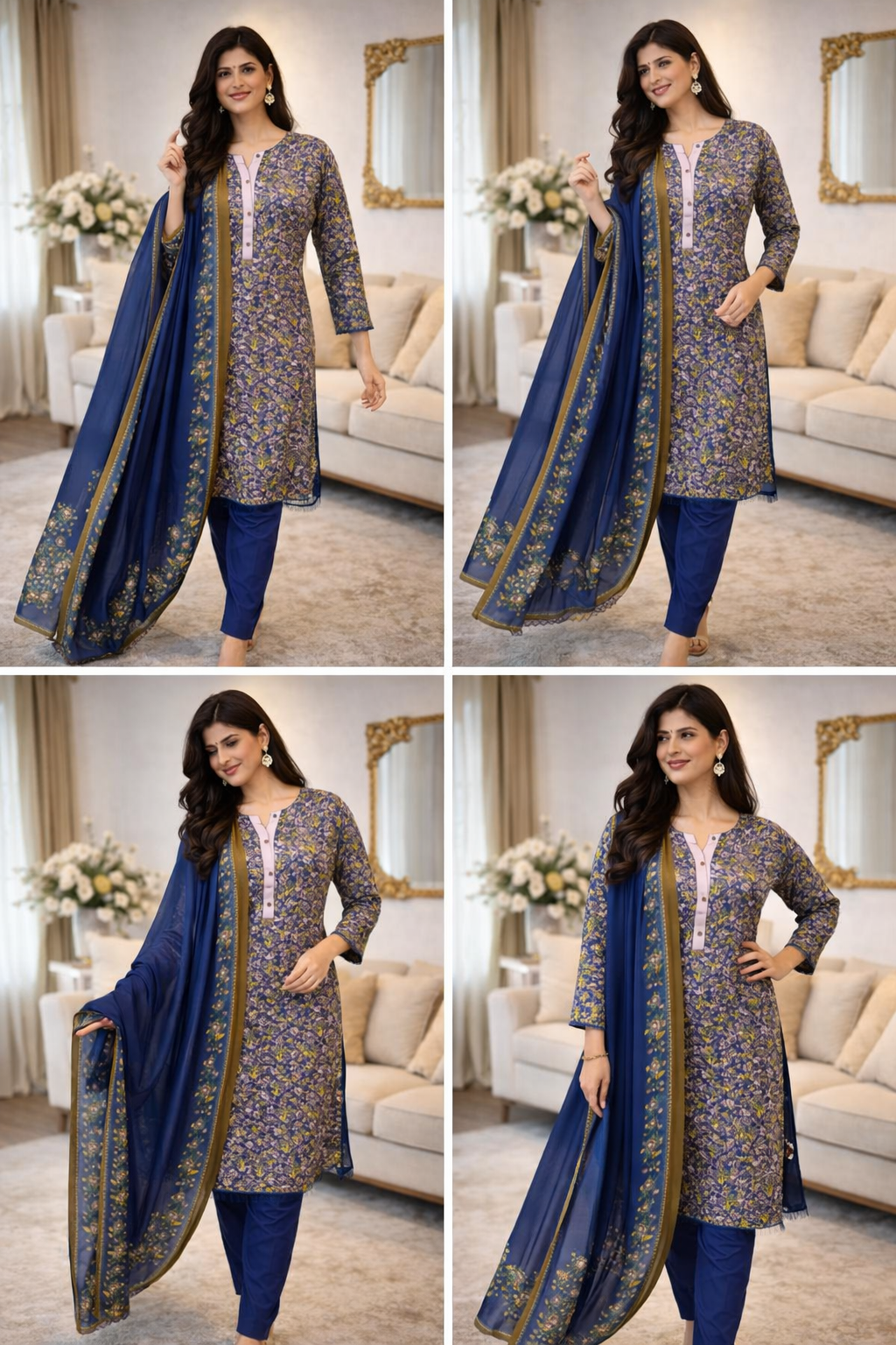 ELWC-007 Kottrai wool 3 piece printed suit with wool shawl asian clothing