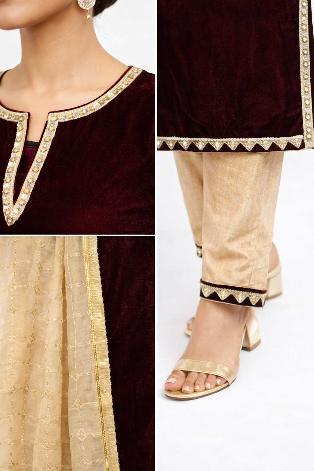 Velvet 3 piece Formal Wear in Maroon and Skin Fancy suit