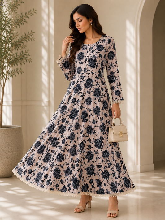 Printed long dress in cream and bottle green EL0LD1