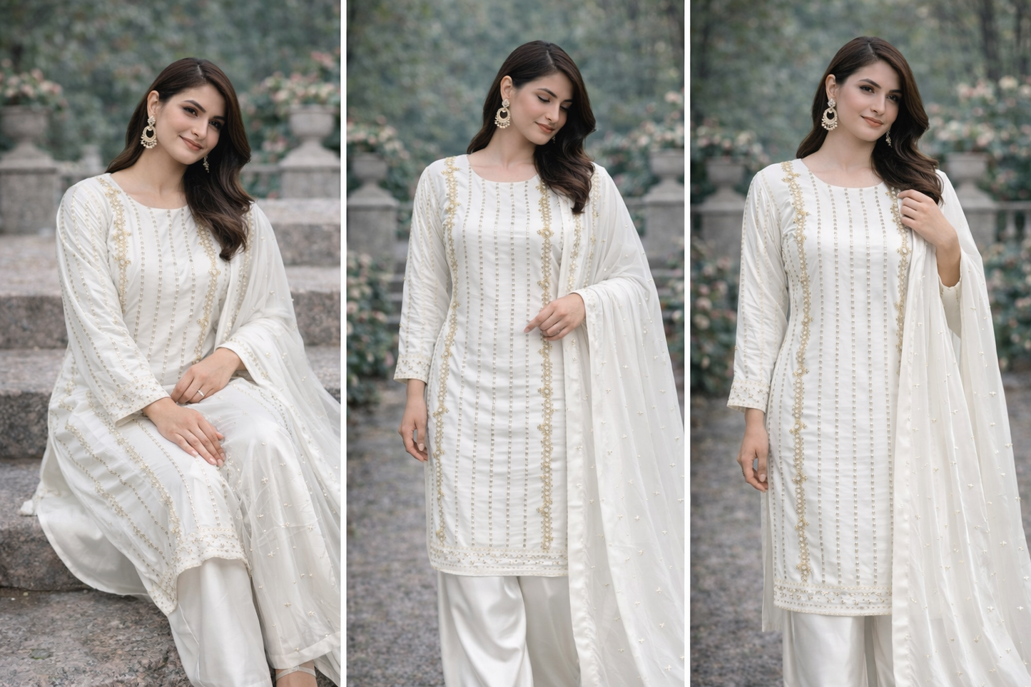 White Fully Embellished with Bead work and plazo style trousers - 3 PC - ELRR095
