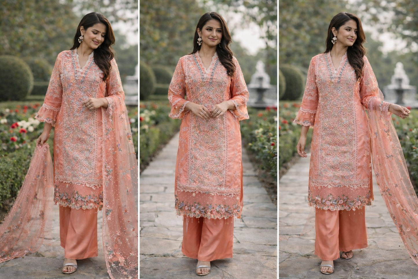 Mariam's Original Peach 3 Pc Formal Wear with Embellished Bead Work and Thread Work