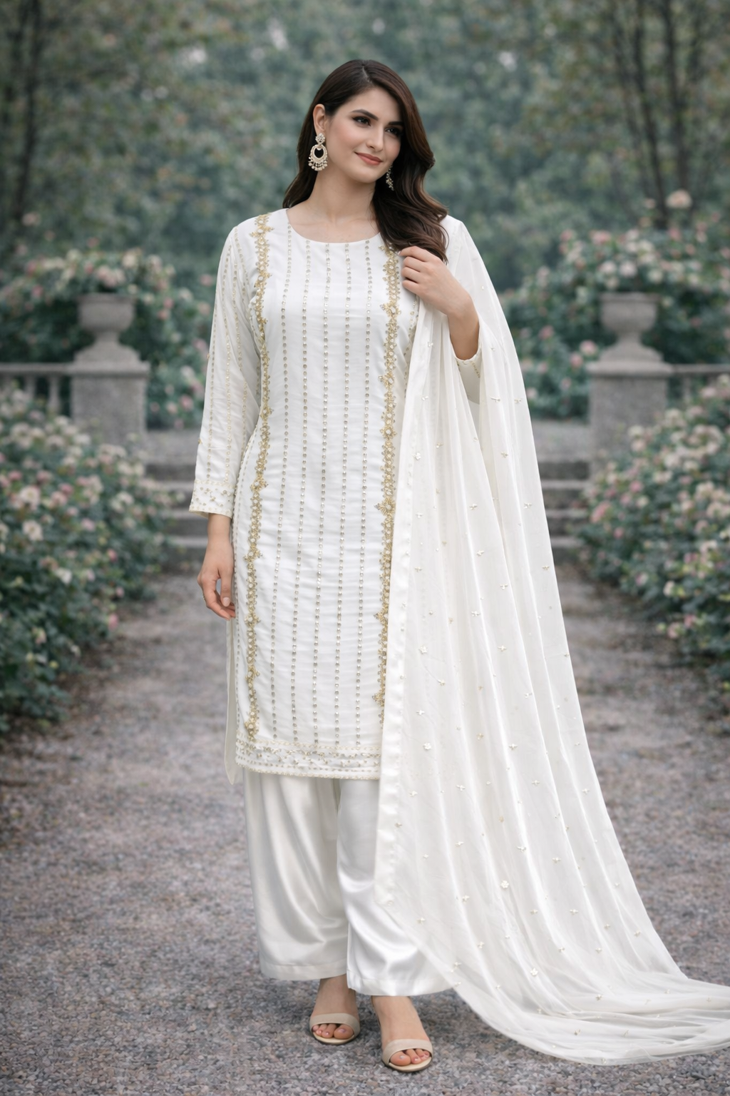 White Fully Embellished with Bead work and plazo style trousers - 3 PC - ELRR095