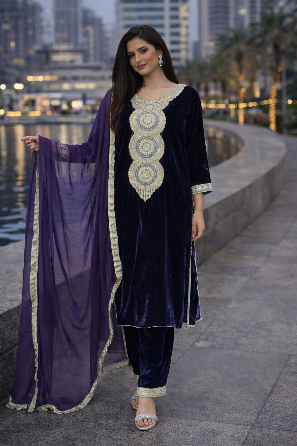 Velvet 3 Piece Suit | Purple with Beautiful Lace Work Womenswear