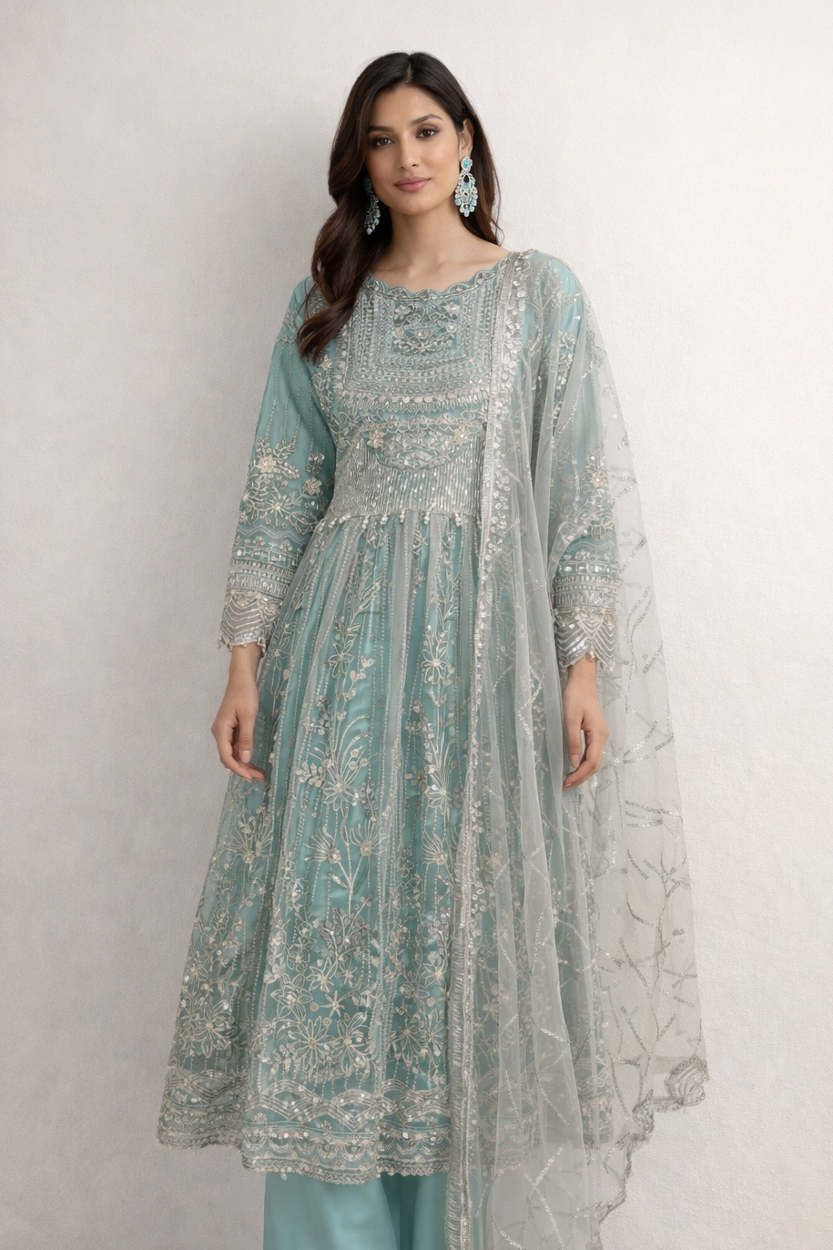 Aqua Frock Style Heavily Embellished Formal Wear