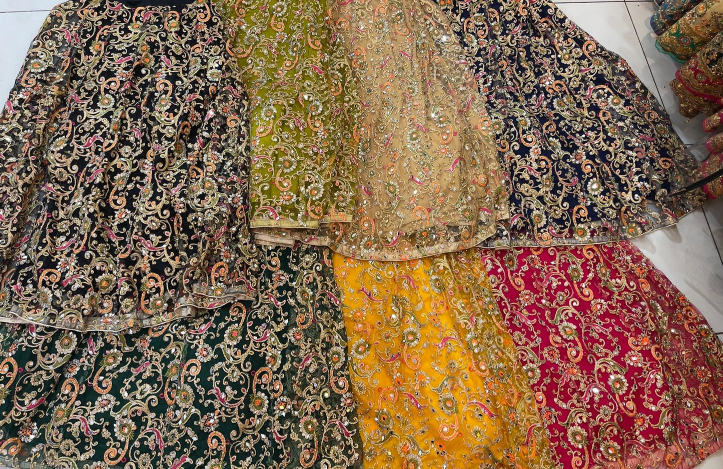 Heavy Embroidered Mehndi Lehngas (Multi) in Various Colors - ELRR124