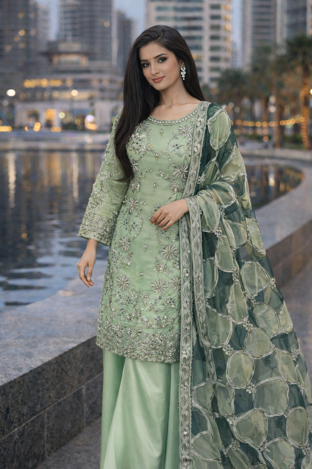 Pista Green Orgenza Embellished Dress - Formal Wear