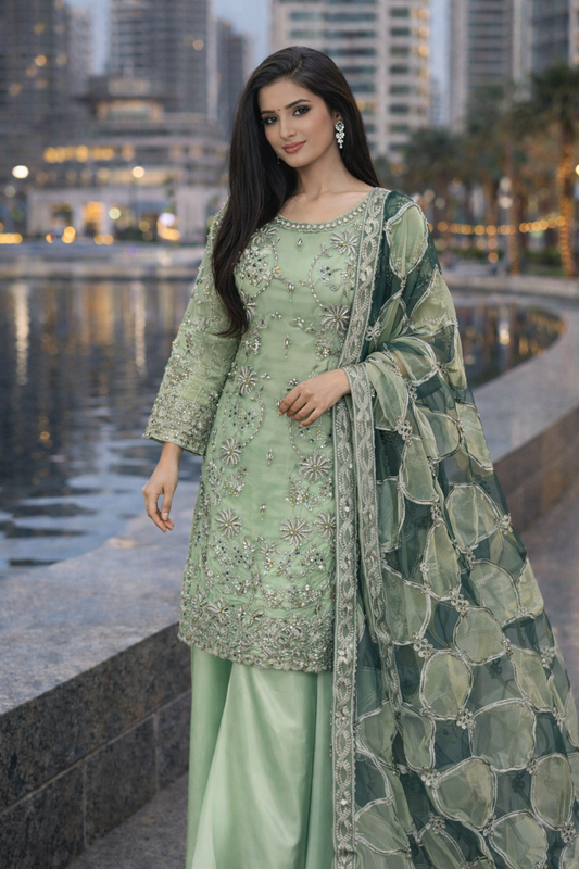 Pista Green Orgenza Embellished Dress - Formal Wear