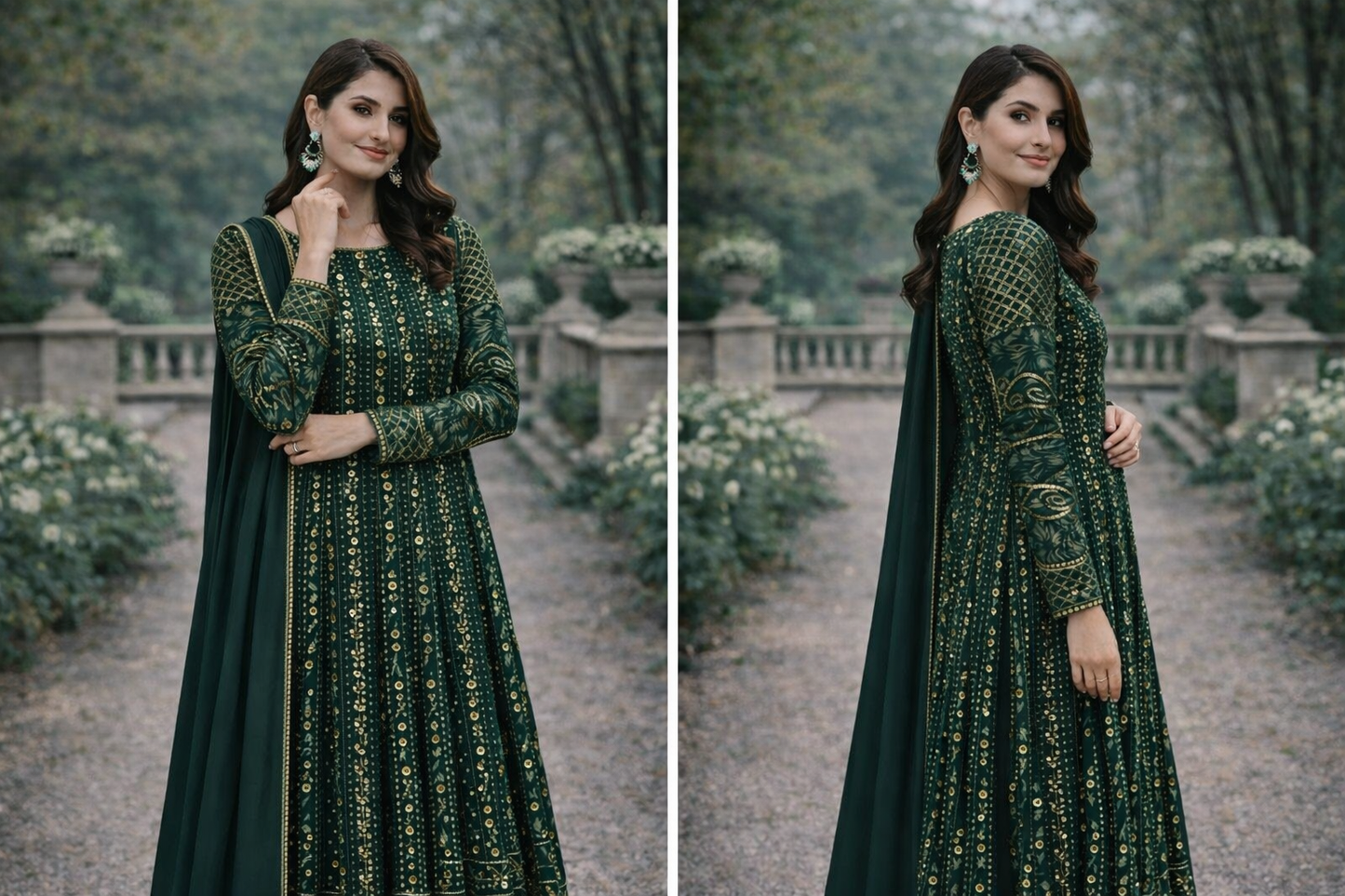Bottle Green Maxi  Dress formal wear with Golden Work - 3 PC - ELRR097