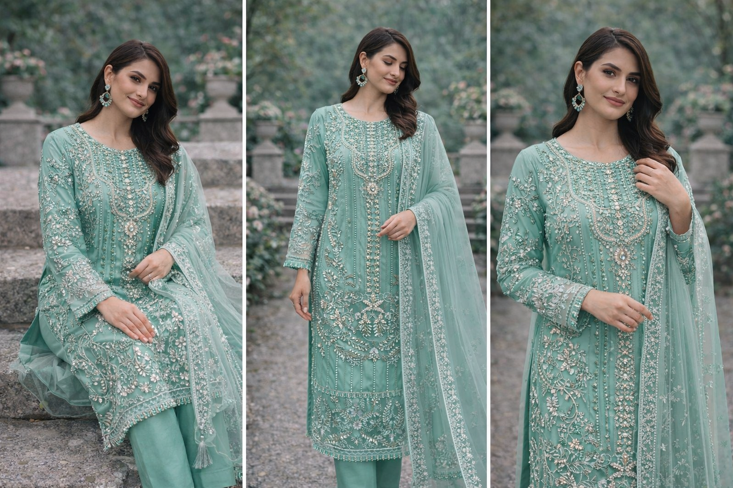 Aqua 3 Pc Heavy Bead work and thread Work outfit