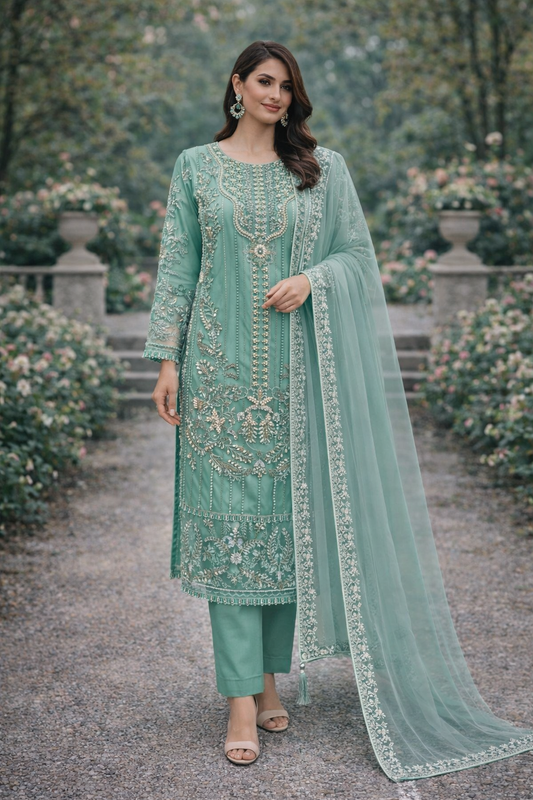 Aqua 3 Pc Heavy Bead work and thread Work outfit