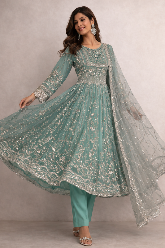 Aqua Frock Style Heavily Embellished Formal Wear