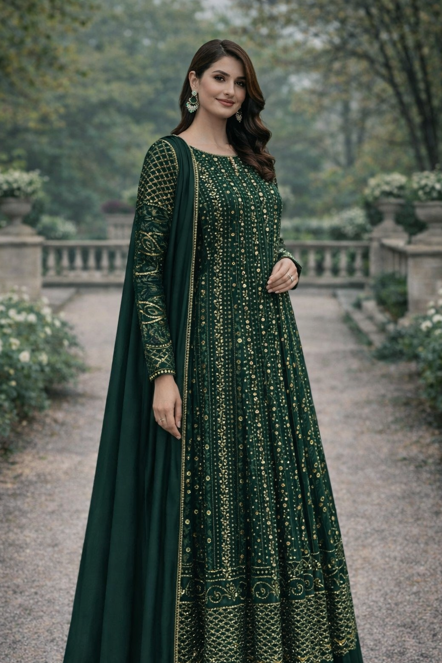 Bottle Green Maxi  Dress formal wear with Golden Work - 3 PC - ELRR097
