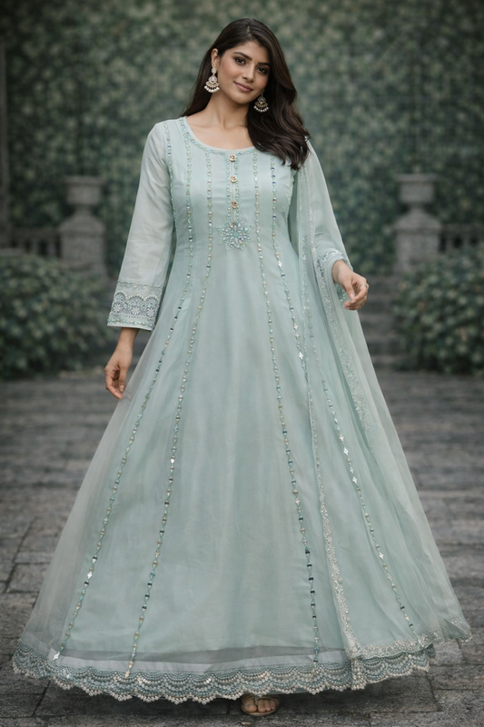 Light Aqua Mirror Work Outfit - ELRR130