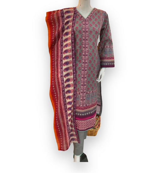 Sana Safinaz Grey and Red Casual Wear - 3 PC - ELRR091