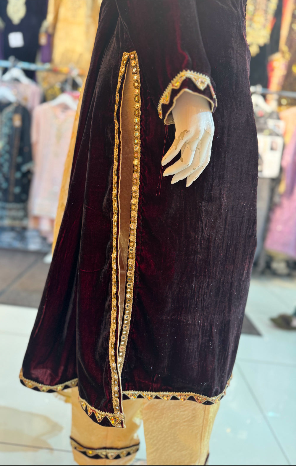 Velvet 3 piece Formal Wear in Maroon and Skin Fancy suit